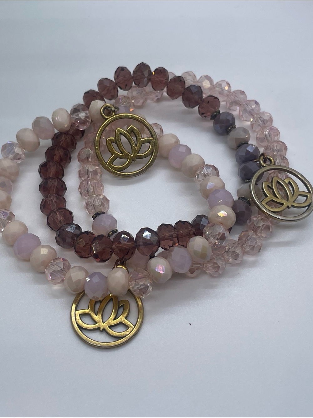 Lotus Charm Stretch Bracelet Set - Blush Pink and Mauve